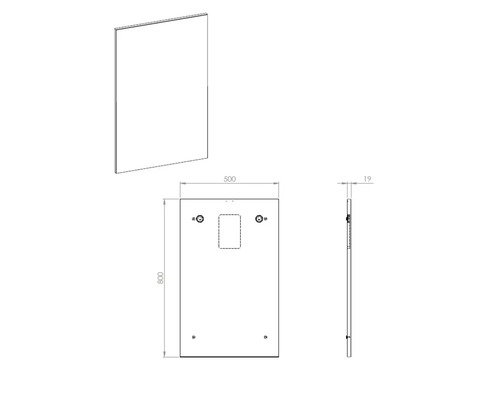 Technische tekening van een spiegel met afmetingen