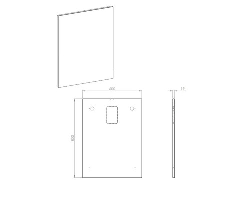 Technische tekening van een badbekleding met de afmetingen 600 x 800 x 19 mm.