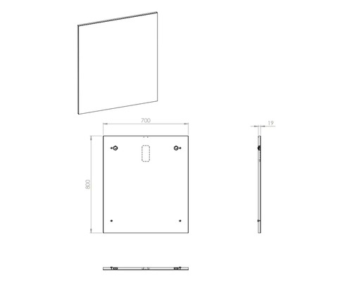 Technische tekening van een spiegel met afmetingen van 800 bij 700 millimeter en een dikte van 19 millimeter.