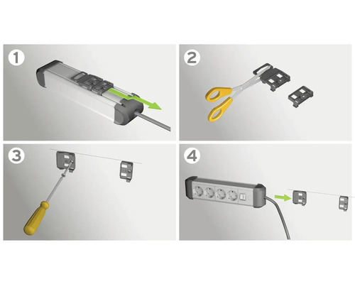 Instructie voor het monteren van een stekkerdoos met bevestigingsklemmen aan de muur.
