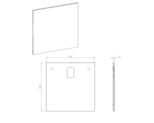 Technische tekening van een douchewand, 800x800x19 millimeter