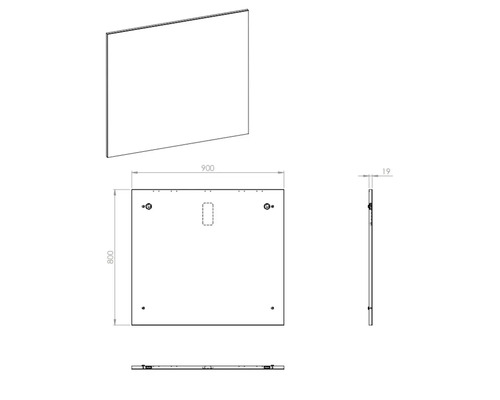Technische tekening van een spiegel met de afmetingen 900 x 800 x 19 millimeter