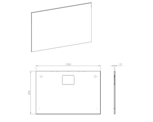 Technische tekening van een spiegel met de afmetingen 1200 x 800 x 19 millimeter.