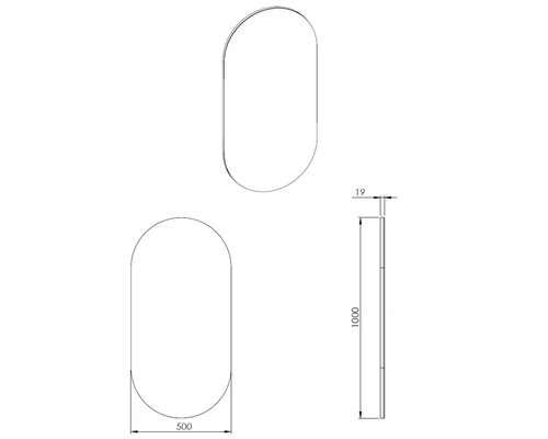 Technische tekening van een spiegel met afmetingen