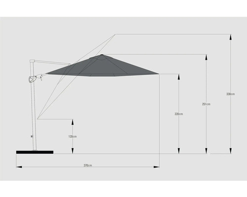Technische tekening van een parasol met afmetingen