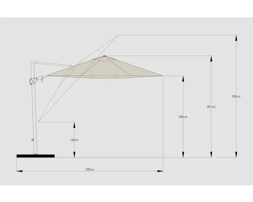 Technische tekening van een parasol met afmetingen