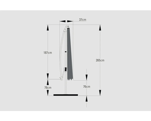 Technische tekening van een parasol met afmetingen