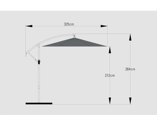 Technische tekening van een parasol met de afmetingen 325 cm breed en 264 cm hoog.