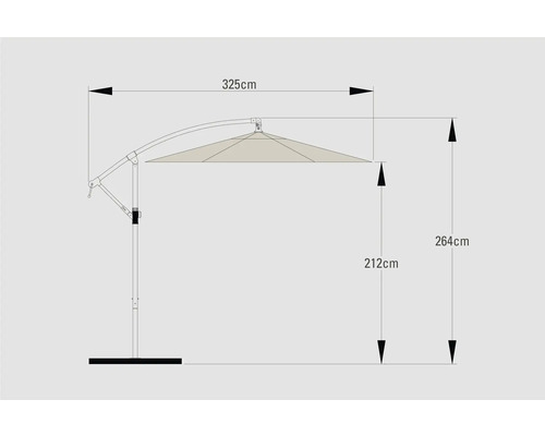 Afmetingen van een parasol: 325 centimeter breed, 264 centimeter hoog en 212 centimeter standaardhoogte