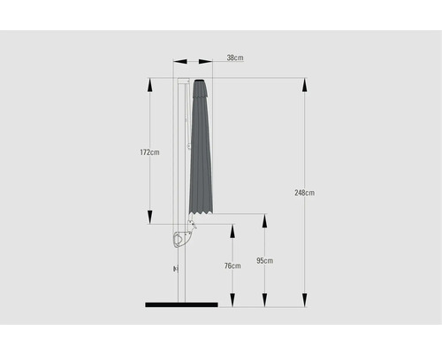 Technische tekening van een parasol met maatvoering.