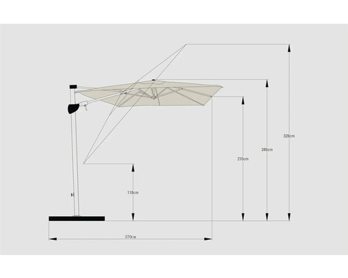 Technische tekening van een parasol met afmetingen