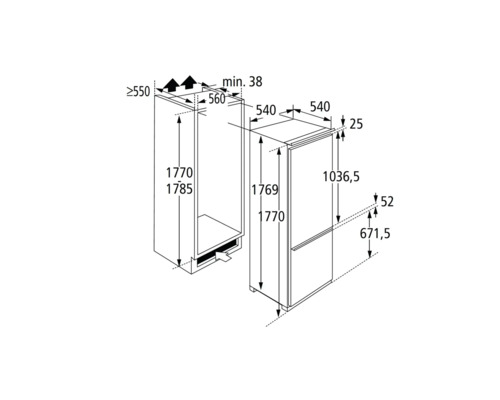 Maatschets van een koelkast met gedetailleerde afmetingen