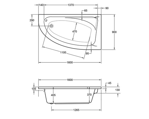 Technische tekening van een ligbad met afmetingen.
