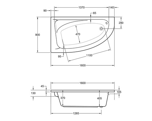 Technische tekening van een badkuip met maatvoering