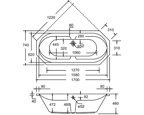 Technische tekening van een badkuip met afmetingen