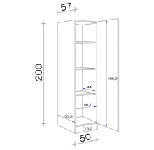 Technische tekening van een hoge kast met afmetingen.