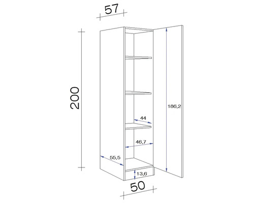 Technische tekening van een hoge kast met afmetingen.