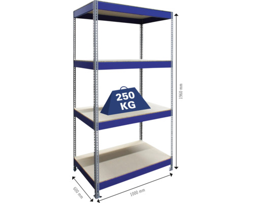 Stellingkast met vier niveaus, afmetingen 1960 bij 1000 bij 600 millimeter en gewicht aanduiding 250 kilogram