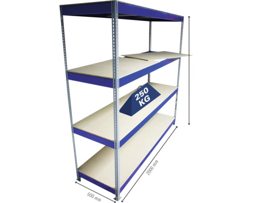 Metalen stellingkast met vier legborden, afmetingen 600 mm x 2000 mm, draagvermogen 250 kg