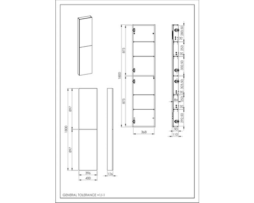 Technische tekening van een kast met afmetingen