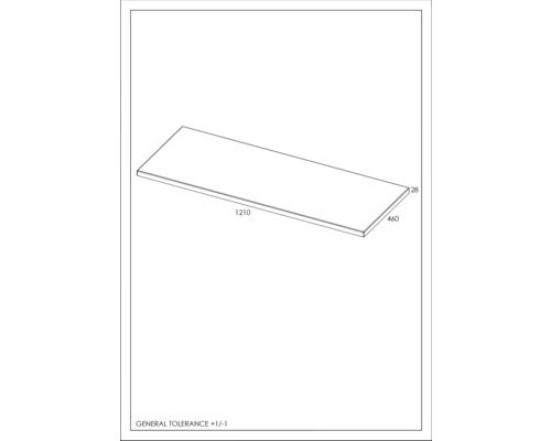 Technische tekening van een werkblad met de afmetingen 1210 x 460 x 28 millimeter
