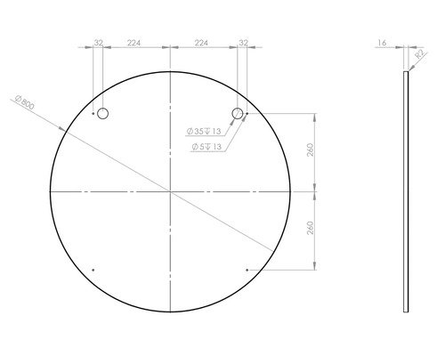 Technische tekening van een ronde plaat met afmetingen