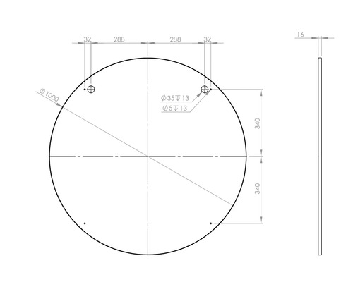 Technische tekening van een ronde plaat met maataanduidingen