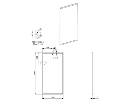 Technische tekening van een rechthoekige spiegel met afmetingen