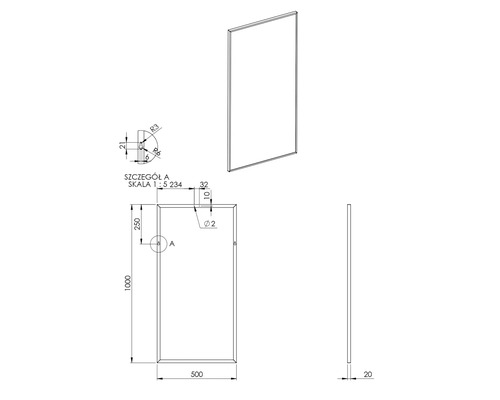 Technische tekening van een rechthoekige spiegel met maatvoering