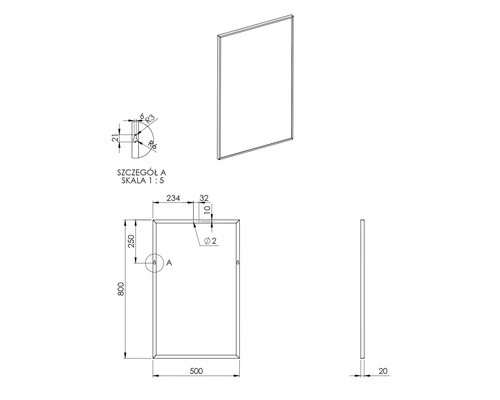 Technische tekening van een rechthoekige spiegel met afmetingen