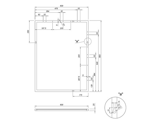 Technische tekening van een spiegel met afmetingen