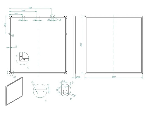 Technische tekening van een spiegel met afmetingen