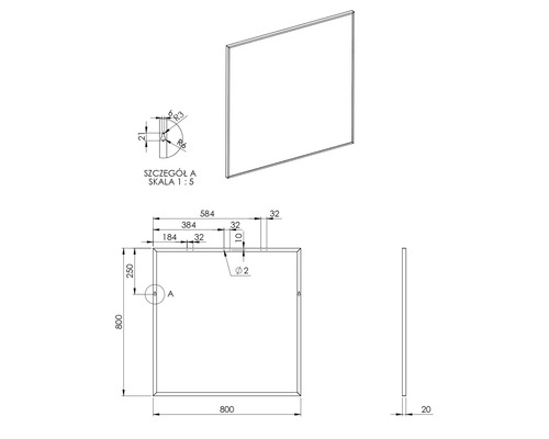 Technische tekening van een rechthoekige plaat met afmetingen.