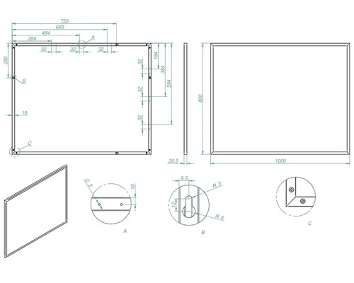 Technische tekening van een rechthoek met afmetingen