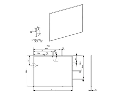 Technische tekening van een rechthoekige spiegel met maatvoering