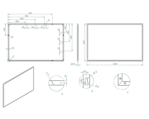 Technische tekening van een rechthoekige plaat met maatvoering