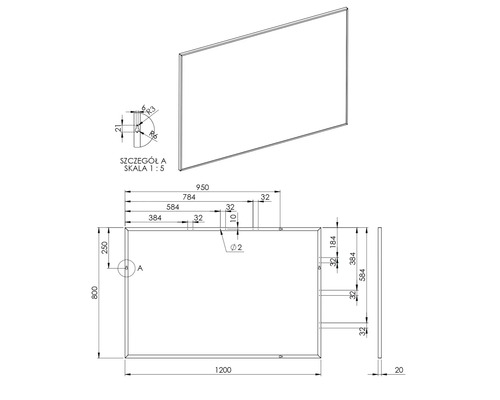 Technische tekening van een rechthoekig object met afmetingen