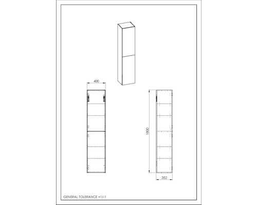 Technische tekening van een hoge kast met afmetingen