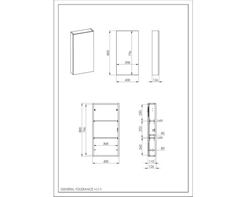 Technische tekening van een badkamerkast met afmetingen