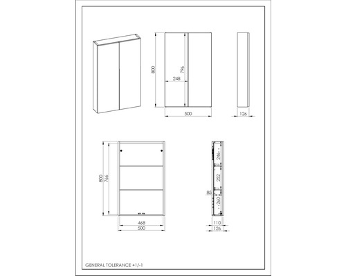 Technische tekening van een spiegelkast met afmetingen