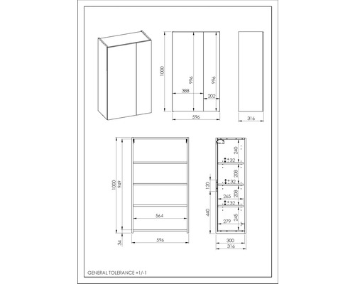 Technische tekening van een kast met afmetingen