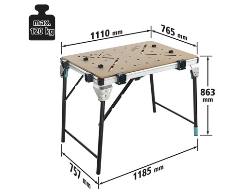 Werkbank met de afmetingen 1110 mm x 765 mm, hoogte 863 mm, maximale belasting 120 kg