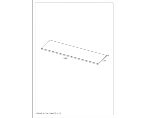 Technische tekening van een tafelblad met de afmetingen 1606 x 460 x 28 millimeter.