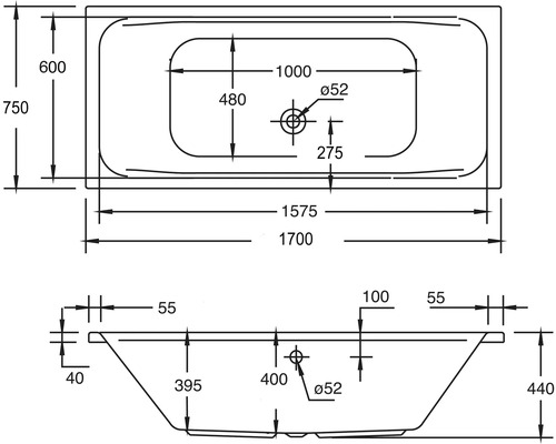 Technische tekening van een ligbad met afmetingen