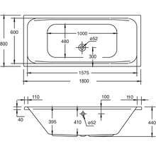 Technische tekening van een ligbad met afmetingen