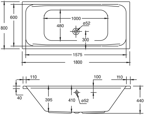 Technische tekening van een ligbad met afmetingen