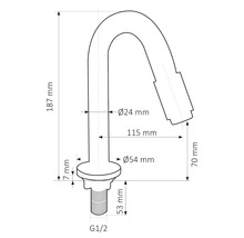 Technische tekening van een kraan met afmetingen.