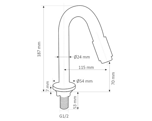 Technische tekening van een uitloop met afmetingen van 187 mm hoogte, 24 mm diameter, 115 mm uitloop, 54 mm diameter, 70 mm hoogte en 53 mm draadlengte G1/2