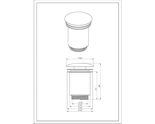 Technische tekening afvoerventiel met afmetingen
