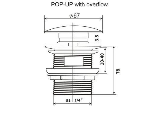 Technische tekening afvoergarnituur met overloop, afmetingen